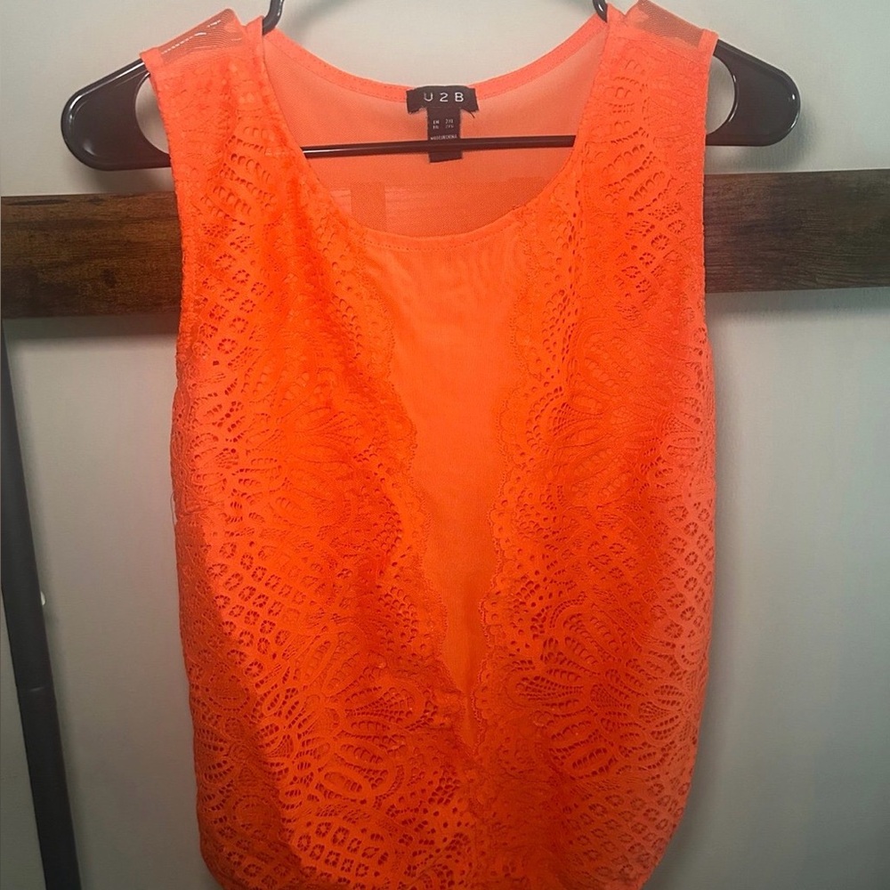 U2B 2X Neon Orange Lace Bodysuit Plus Size Sheer Detail Festival Bodycon